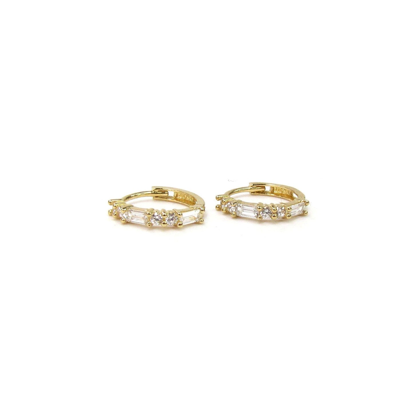 14K Gold Round & Baguette CZ Hoop Earrings | Pair